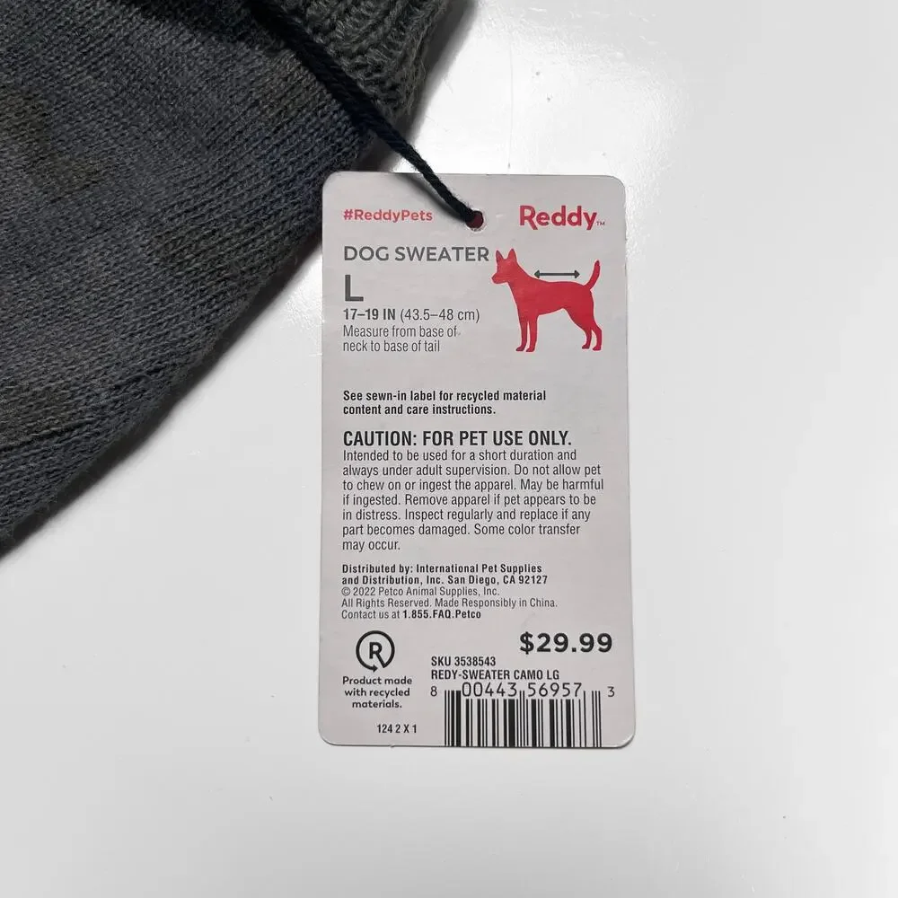 NWT Reddy Gray Camo Dog Sweater Pet Clothes Clothing Grey Camouflage